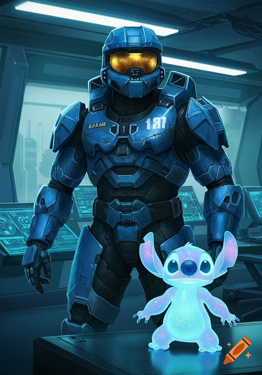 Master Chief in blue armor stands in a sci-fi control room next to a glowing holographic Stitch on a console, digital art.
