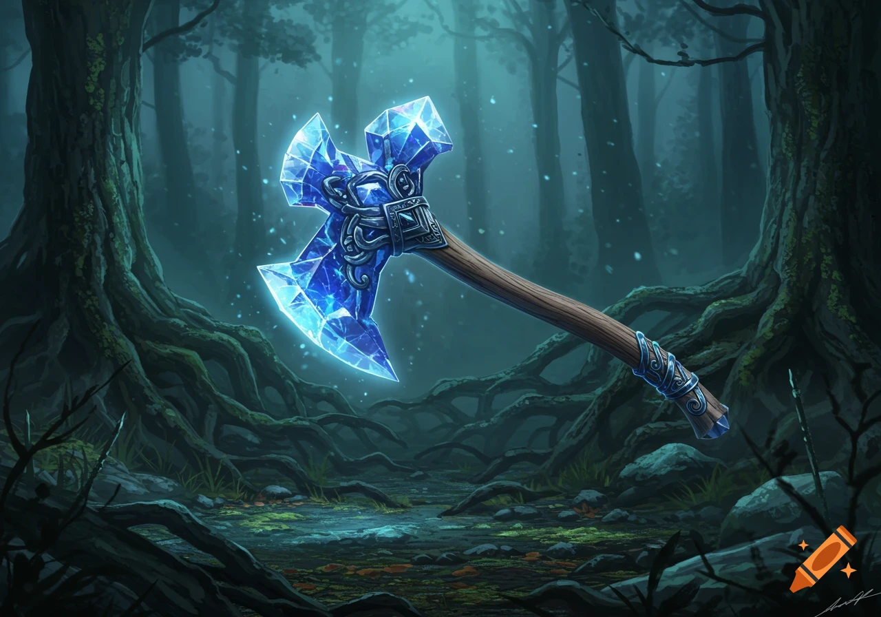 A glowing sapphire axe with a detailed handle stands upright in a dark, misty fantasy forest with gnarled roots.