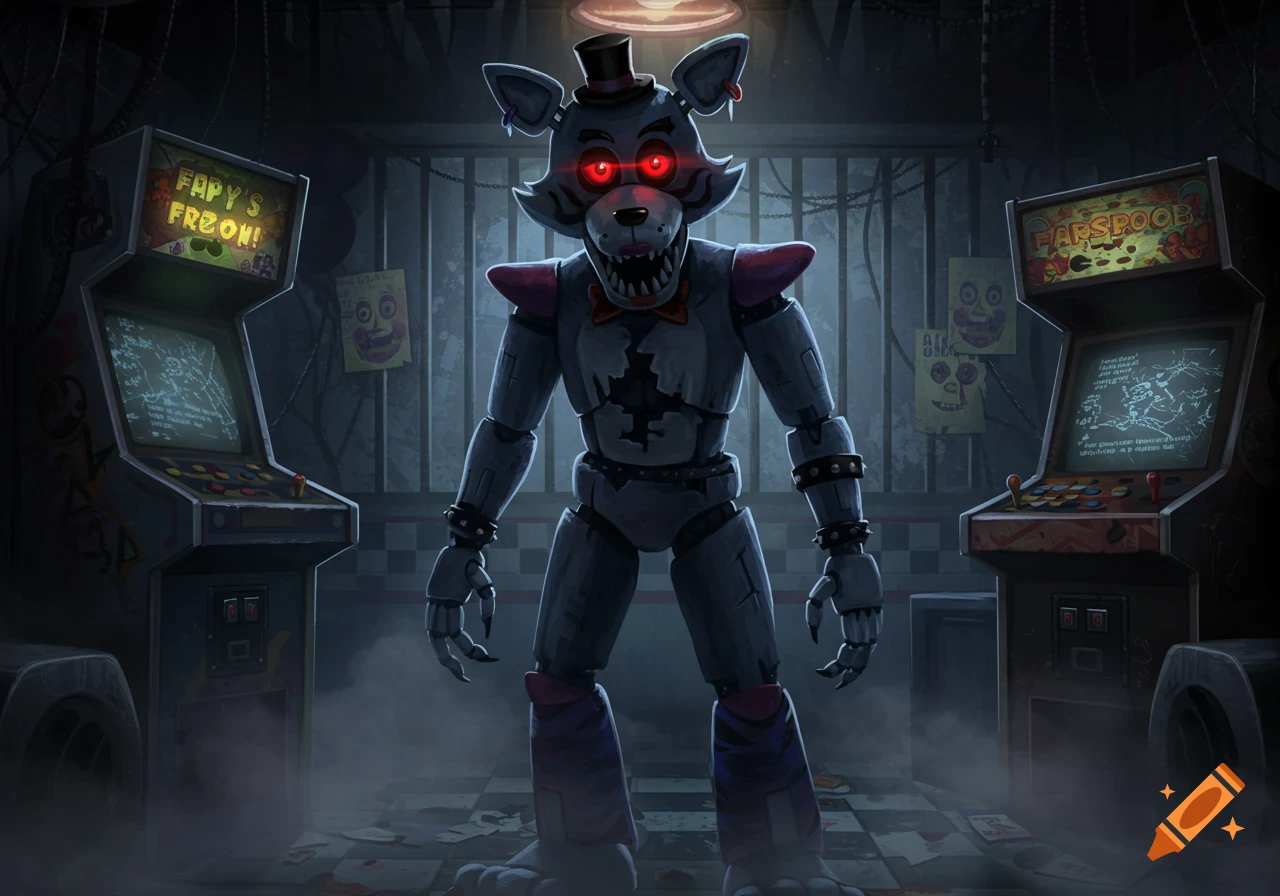 A scary animatronic wolf with glowing red eyes, sharp teeth, and a top hat stands in a dark, abandoned arcade room between two arcade machines.