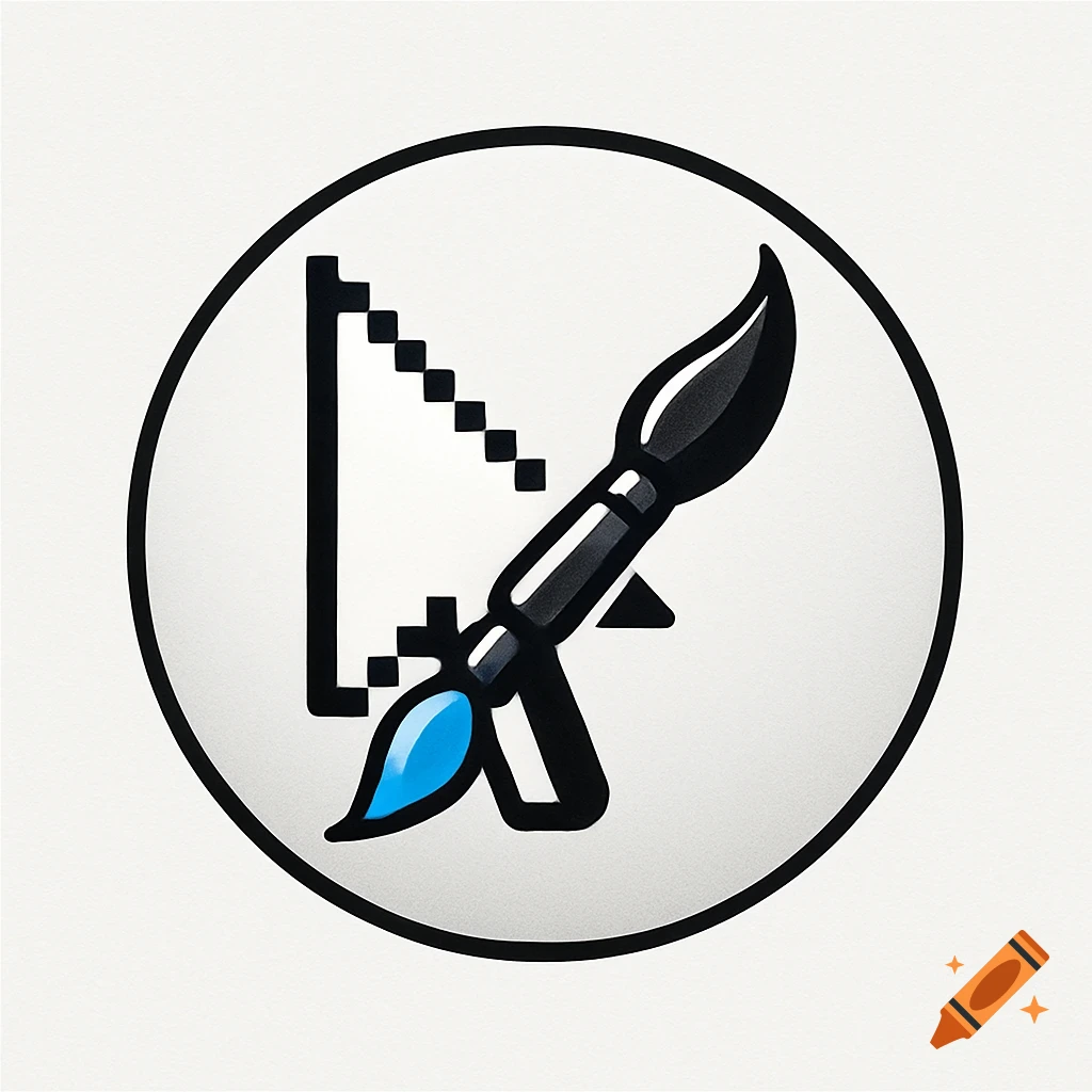 A black and white circular logo featuring a pixelated computer cursor intersecting with a paintbrush that has a blue tip.