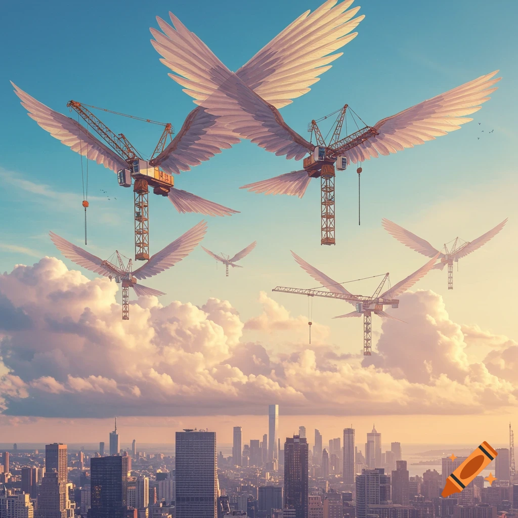 Flying construction cranes with large white wings soaring over a modern cityscape at sunset, with fluffy clouds and a blue sky.