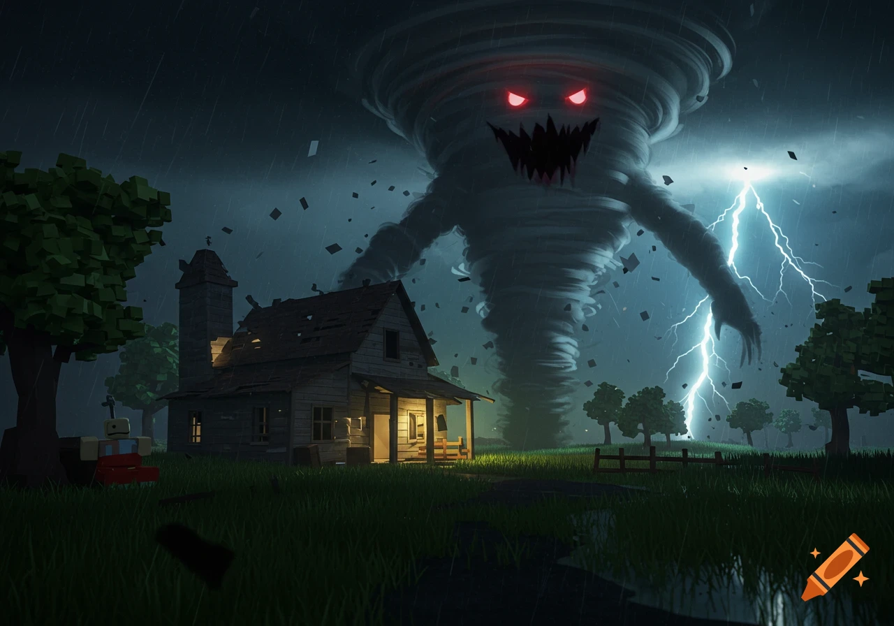 A menacing monster tornado with red eyes and jagged teeth looms over a damaged Roblox-style farmhouse during a stormy night with lightning.