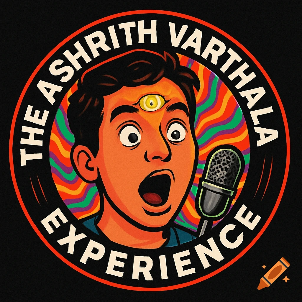 A vibrant cartoon podcast logo showing a surprised man with a third eye, a microphone, and psychedelic colors around 'The Ashrith Varthala Experience'.