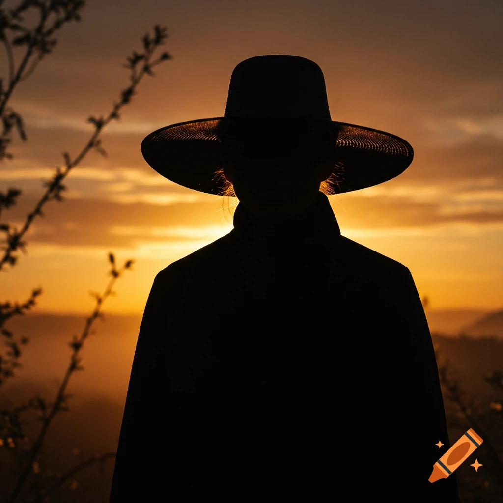 Silhouette of a person wearing a wide-brimmed hat, seen from behind, against a vibrant orange and yellow sunset sky.
