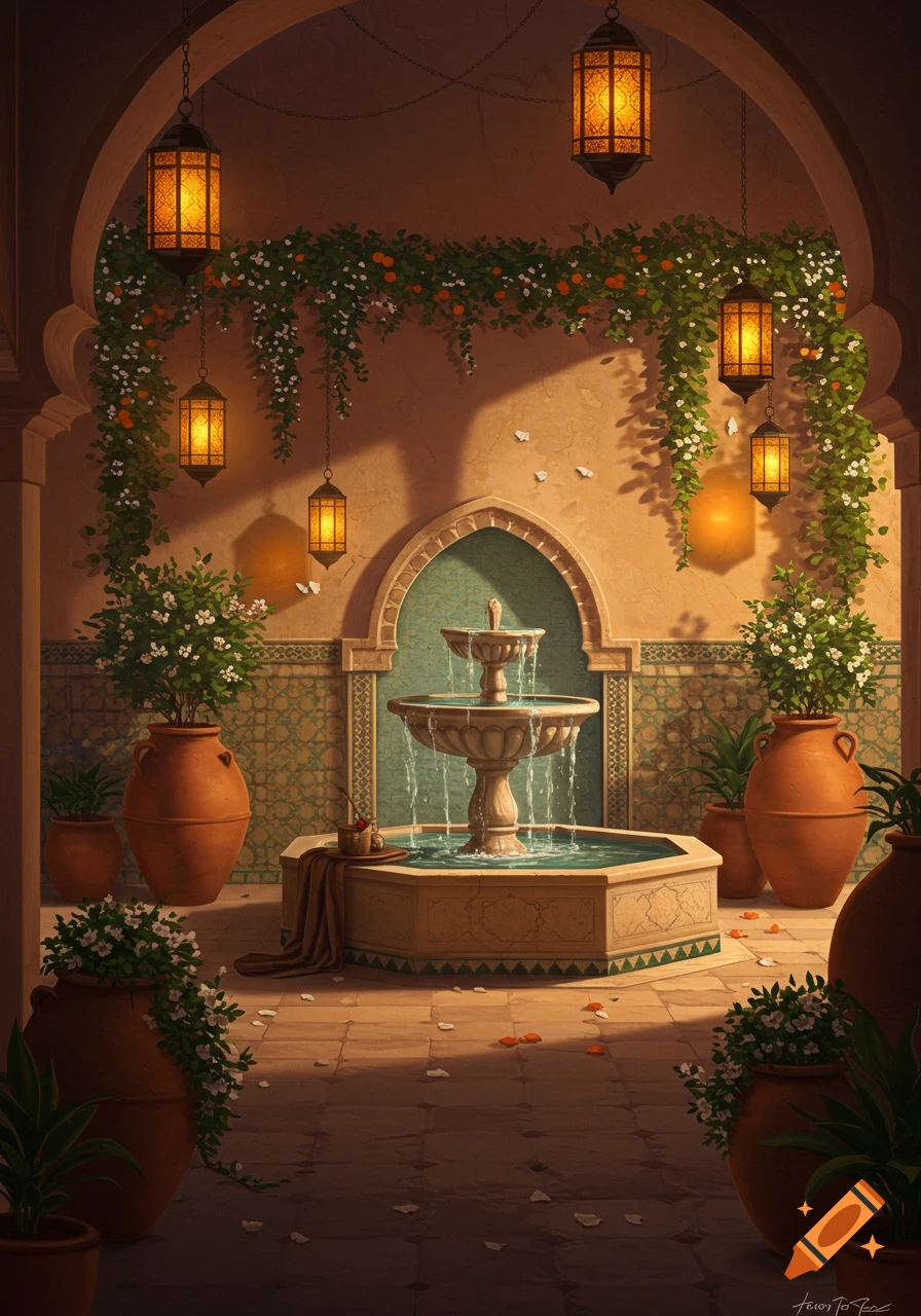 Ornate architectural courtyard with a tiered fountain, intricate tilework, hanging lanterns, and lush potted plants, artistic style.
