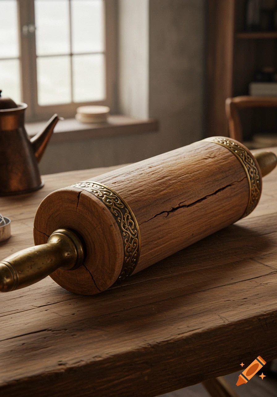 A worn, cracked wooden rolling pin with brass inlays and handles on a wooden table, with a window and teapot in the background.