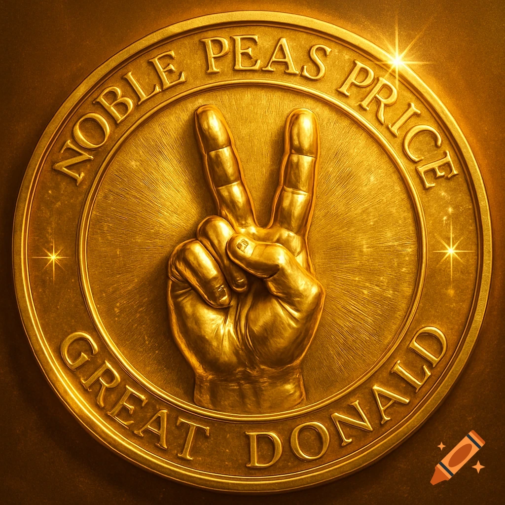 A gaudy gold medallion features a peace sign hand at its center, with text "NOBLE PEAS PRICE" and "GREAT DONALD" around the borders.