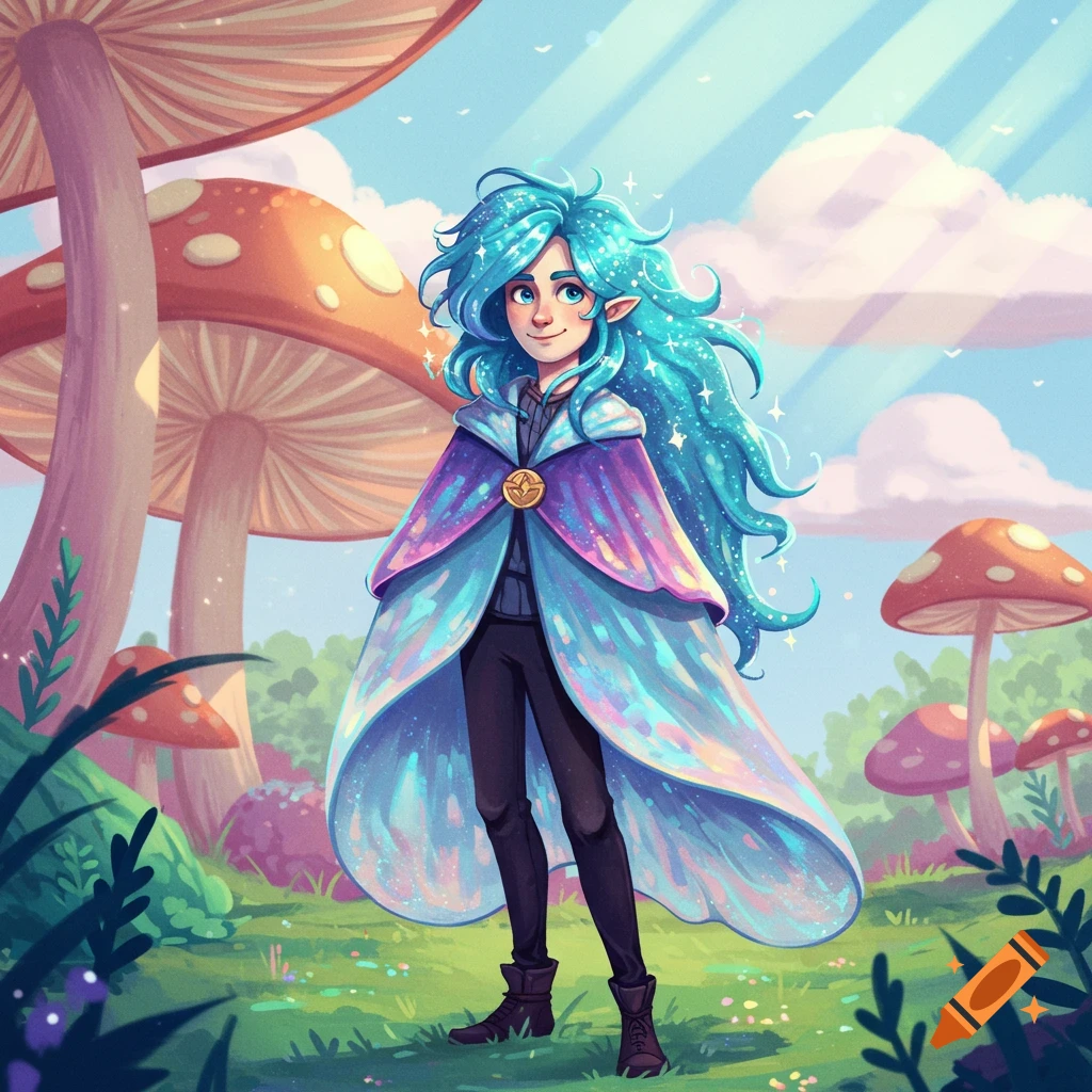A fantasy character with long blue sparkling hair and pointy ears stands in a magical mushroom forest, wearing a gradient cape.
