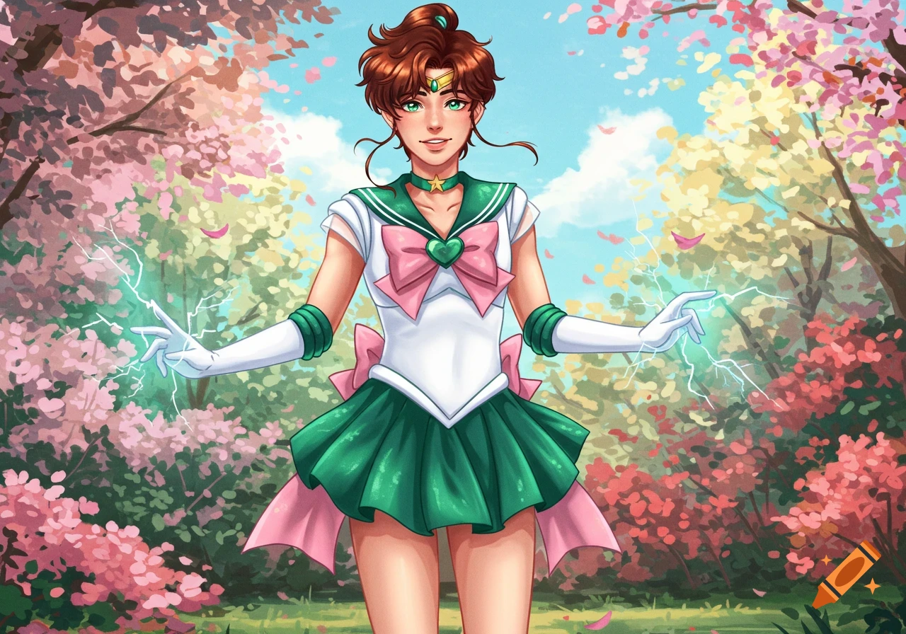 Anime illustration of a male character in a green Sailor Jupiter uniform, holding lightning, surrounded by cherry blossoms.