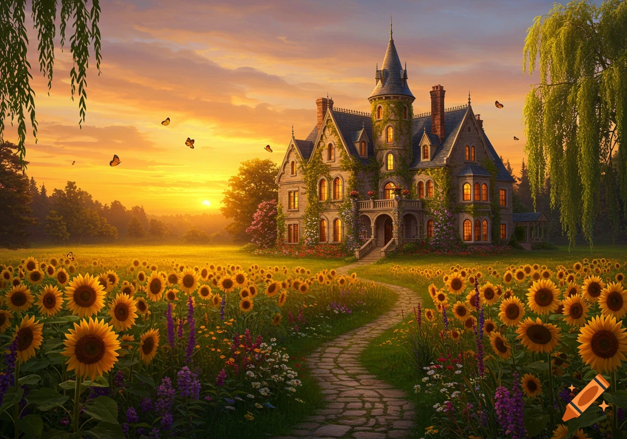 A whimsical fantasy mansion with glowing windows, surrounded by a field of sunflowers and butterflies under a vibrant orange sunset.