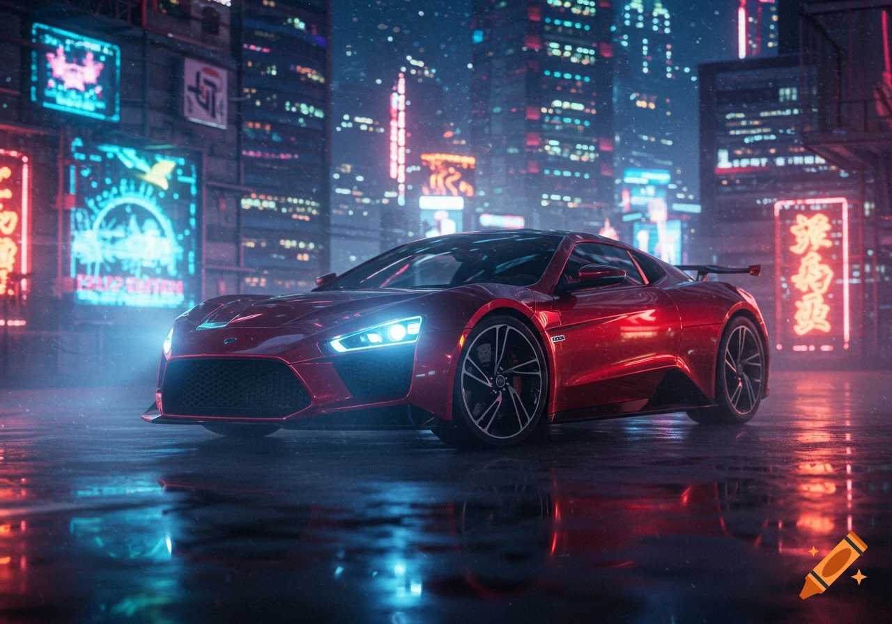 A red sports car with bright headlights on a wet street, reflecting neon lights of a futuristic cyberpunk city at night.