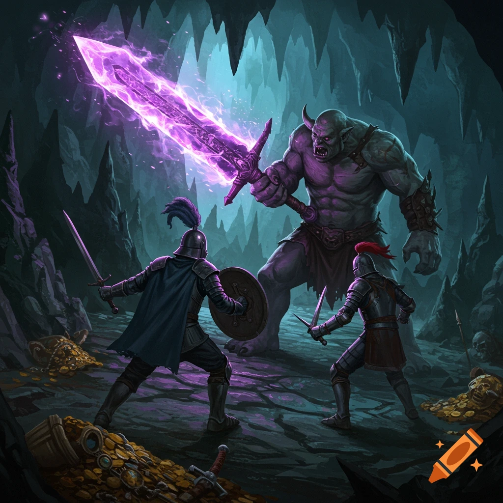 Two armored knights battle a massive, green-skinned troll with a glowing purple sword in a dark cave with piles of gold.