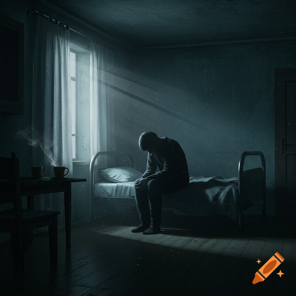 A person sits slumped on a bed in a dark room, illuminated by sunbeams through a window, evoking a sense of deep sadness. Stylized illustration.
