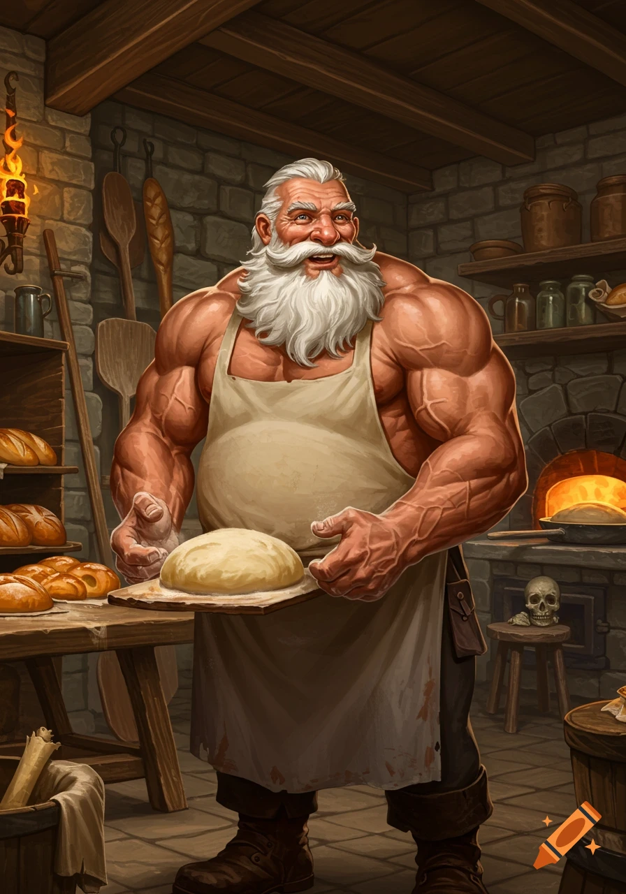 A muscular, white-bearded old baker holding dough in a rustic fantasy bakery kitchen, dnd style art.