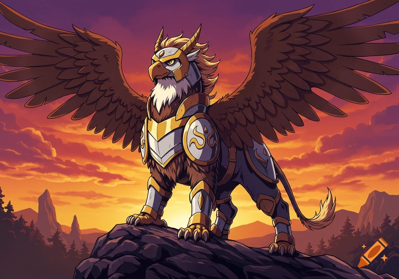 A cell-shaded cartoon gryphon in golden armor stands majestically on a rocky outcrop against a dramatic sunset.