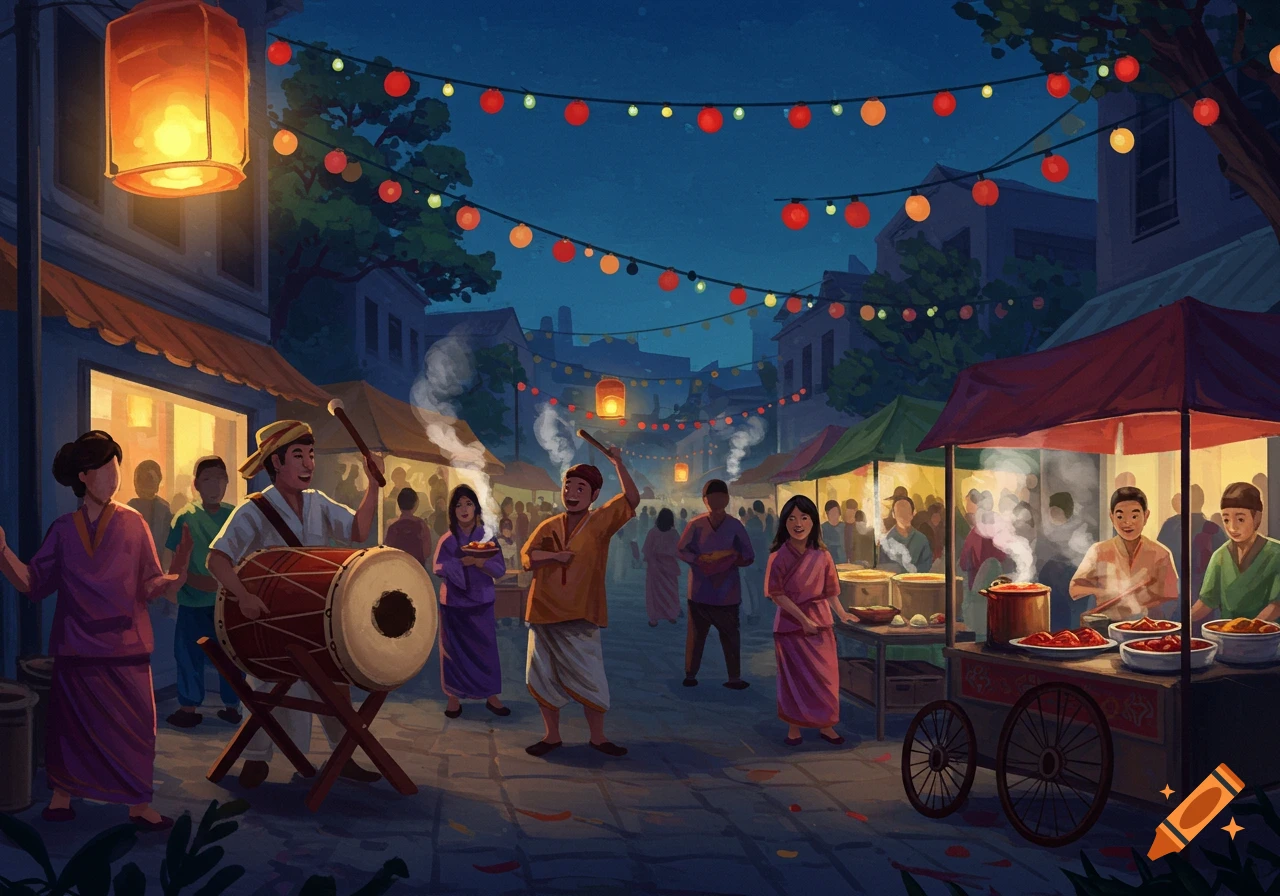 A vibrant night market scene with people, food stalls, colorful lanterns strung across the street, and a man playing a large drum.