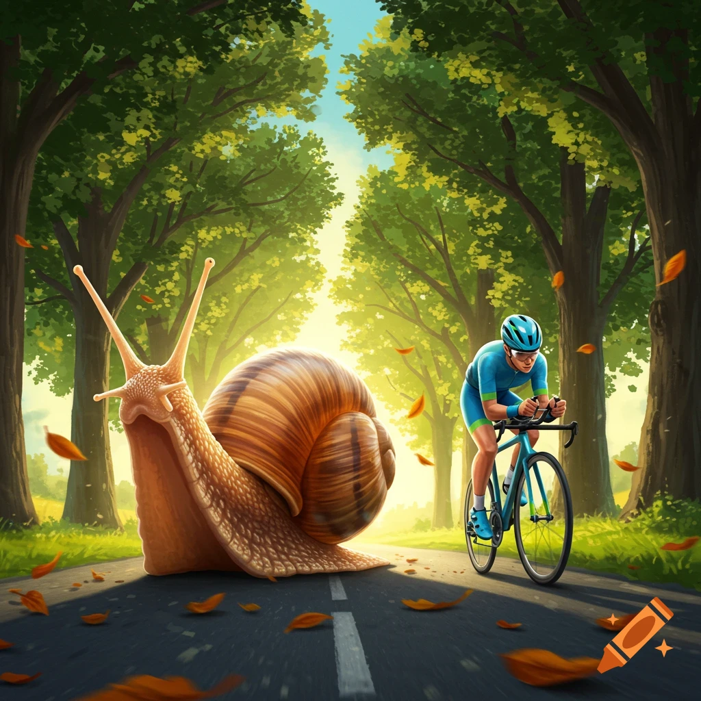 A giant snail on a tree-lined road alongside a cyclist in a blue uniform, with falling autumn leaves.