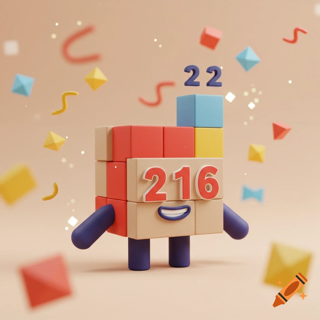 A cute, colorful 3D block character with the number 216 on its body, surrounded by floating shapes and confetti.