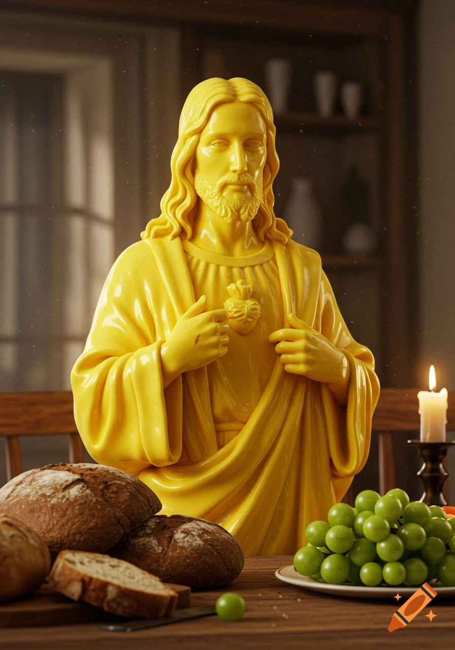 Photorealistic image of a yellow butter sculpture of Jesus on a wooden table with bread, green grapes, and a lit candle.