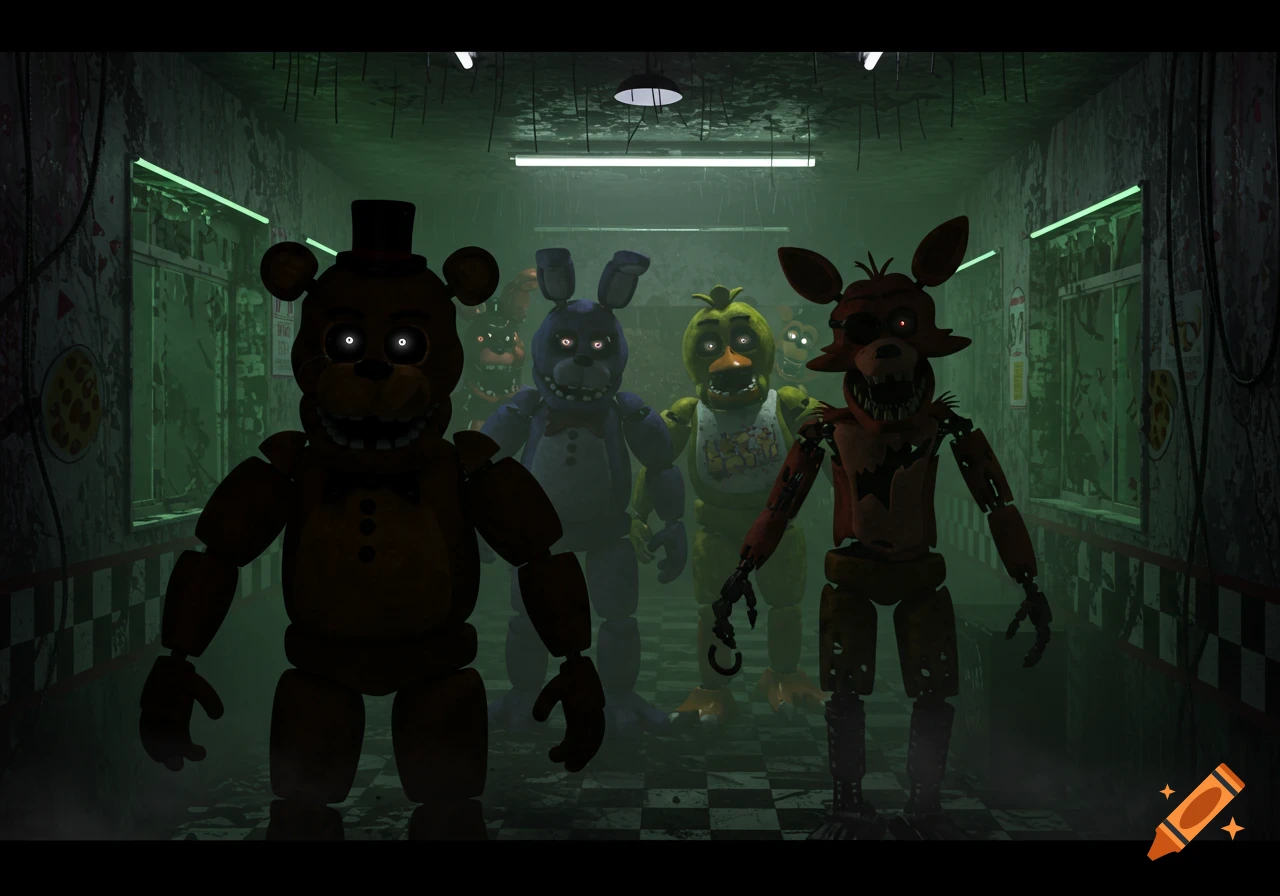 Freddy Fazbear, Bonnie, Chica, and Foxy animatronics stand in a dark, grimy hallway with glowing eyes.