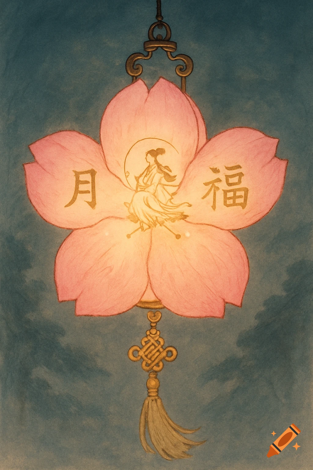 A pink cherry blossom shaped lantern with gold trim, depicting a stylized figure and Chinese characters against a teal background.