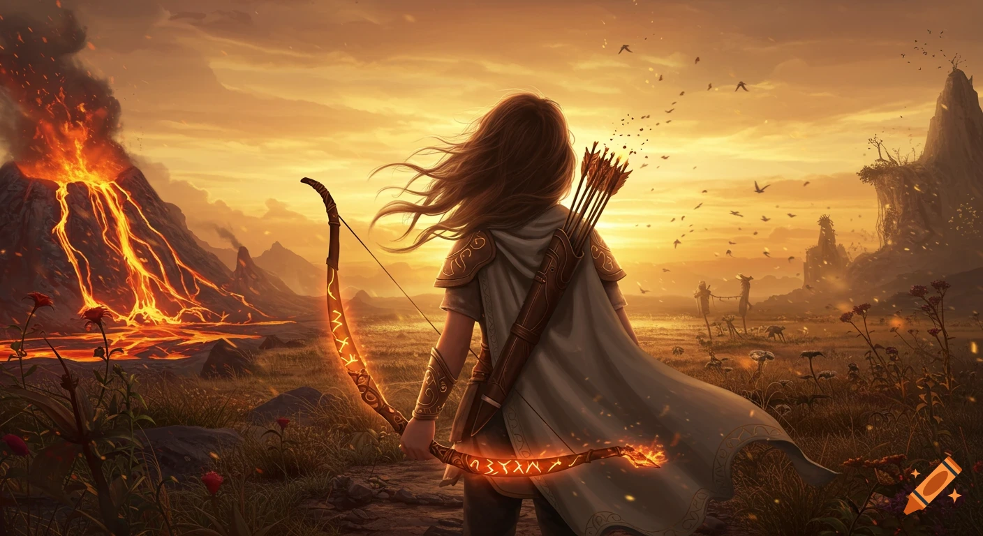 A female archer with a glowing bow, her back to the viewer, faces a erupting volcano and a magical landscape at sunset.