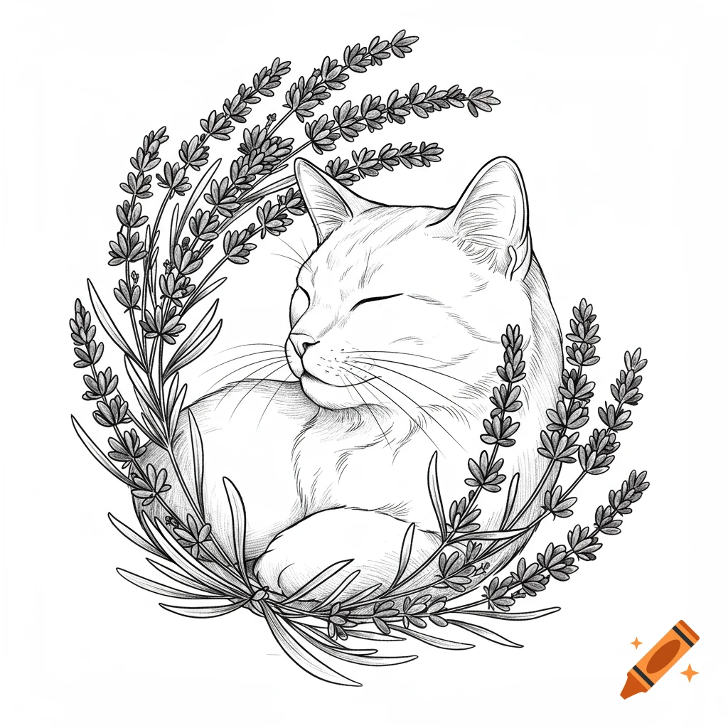 Line art illustration of a sleeping cat nestled within a wreath of lavender branches.