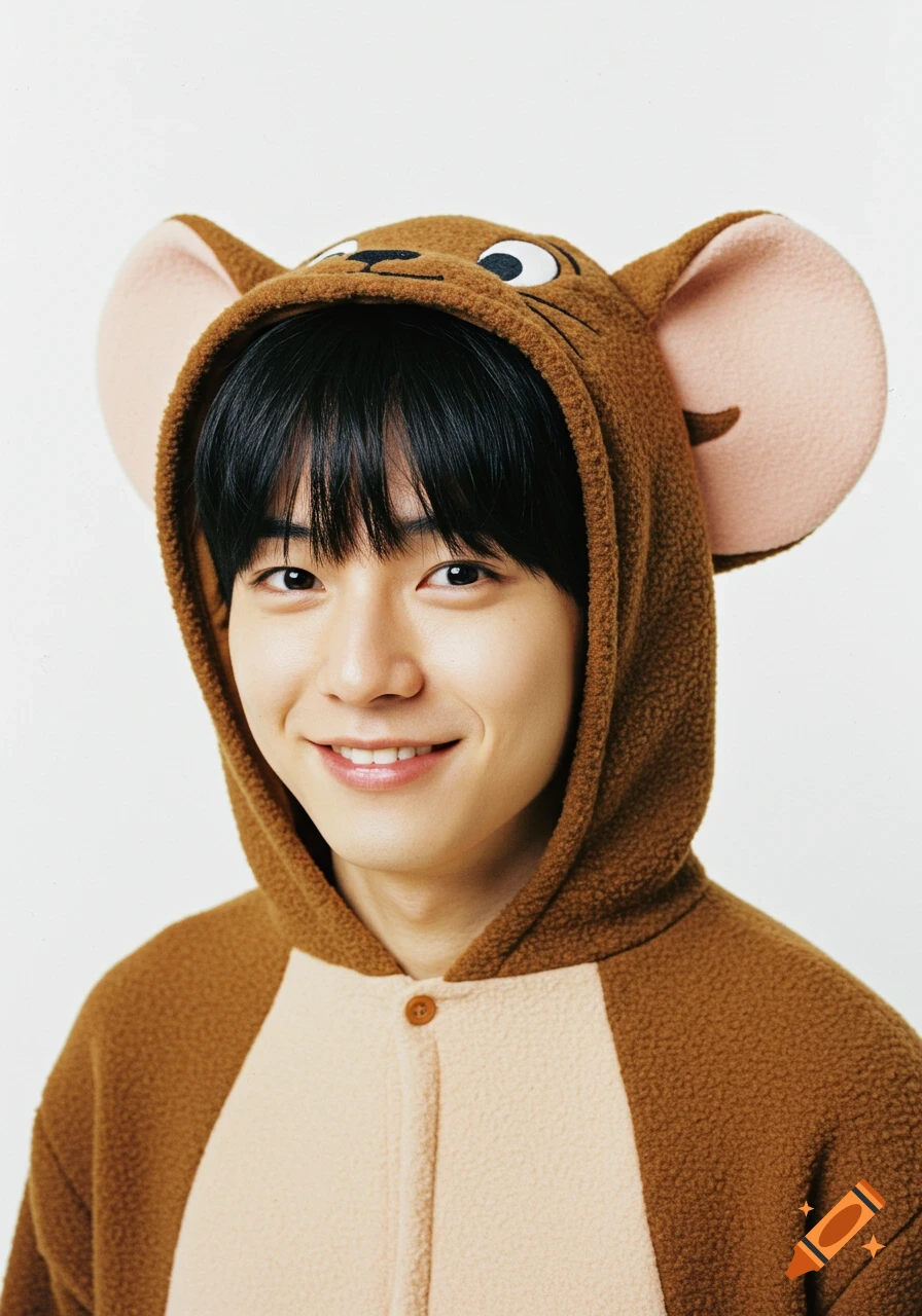 A smiling handsome Japanese guy with black bangs wears a brown Jerry Mouse onesie in a studio portrait against a white background.