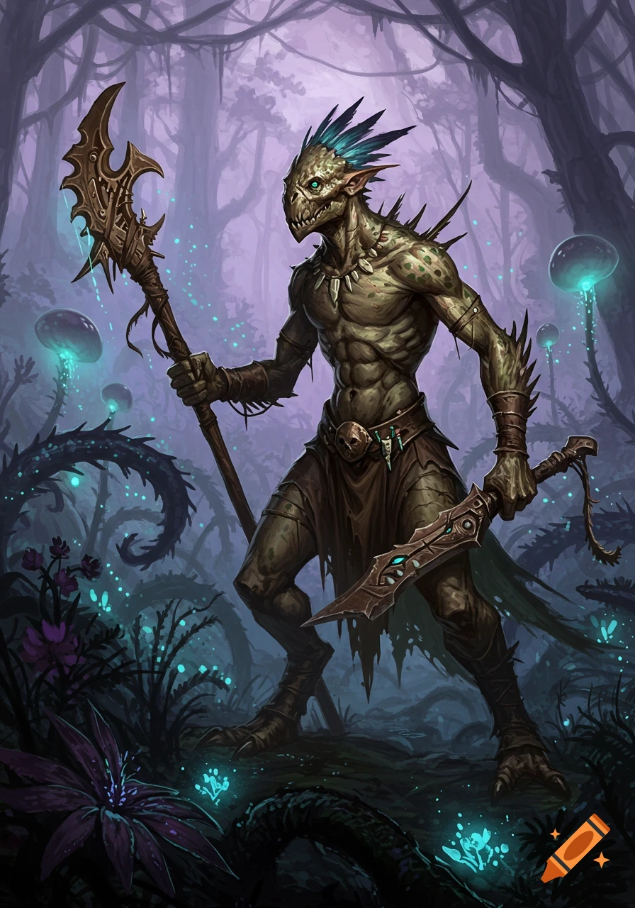 A reptilian fantasy warrior with green skin, holding a staff and a sword, stands in a dark, glowing forest.