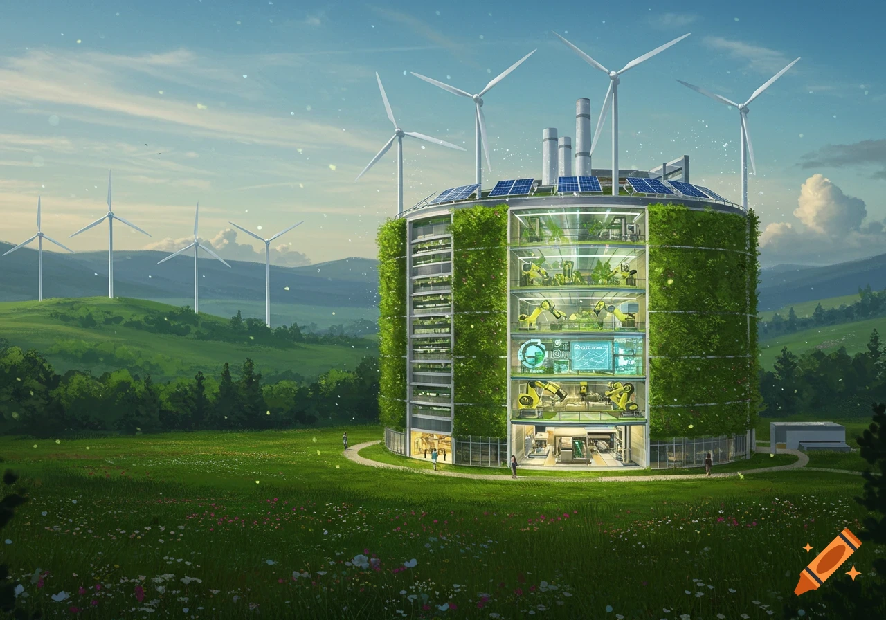 A cylindrical, plant-covered building with solar panels and wind turbines, surrounded by a green landscape. Robots work inside glass sections.