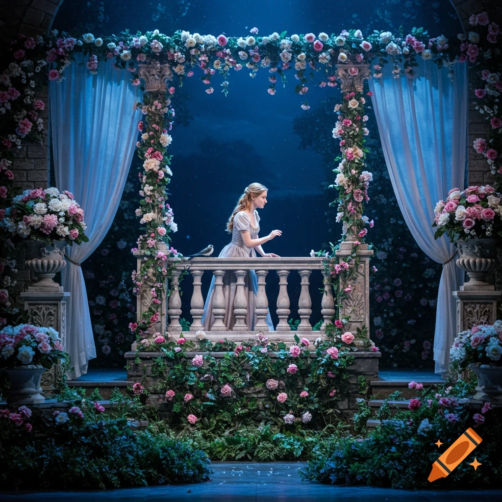 Young woman on an ornate, rose-covered balcony at night, looking into a moonlit sky.