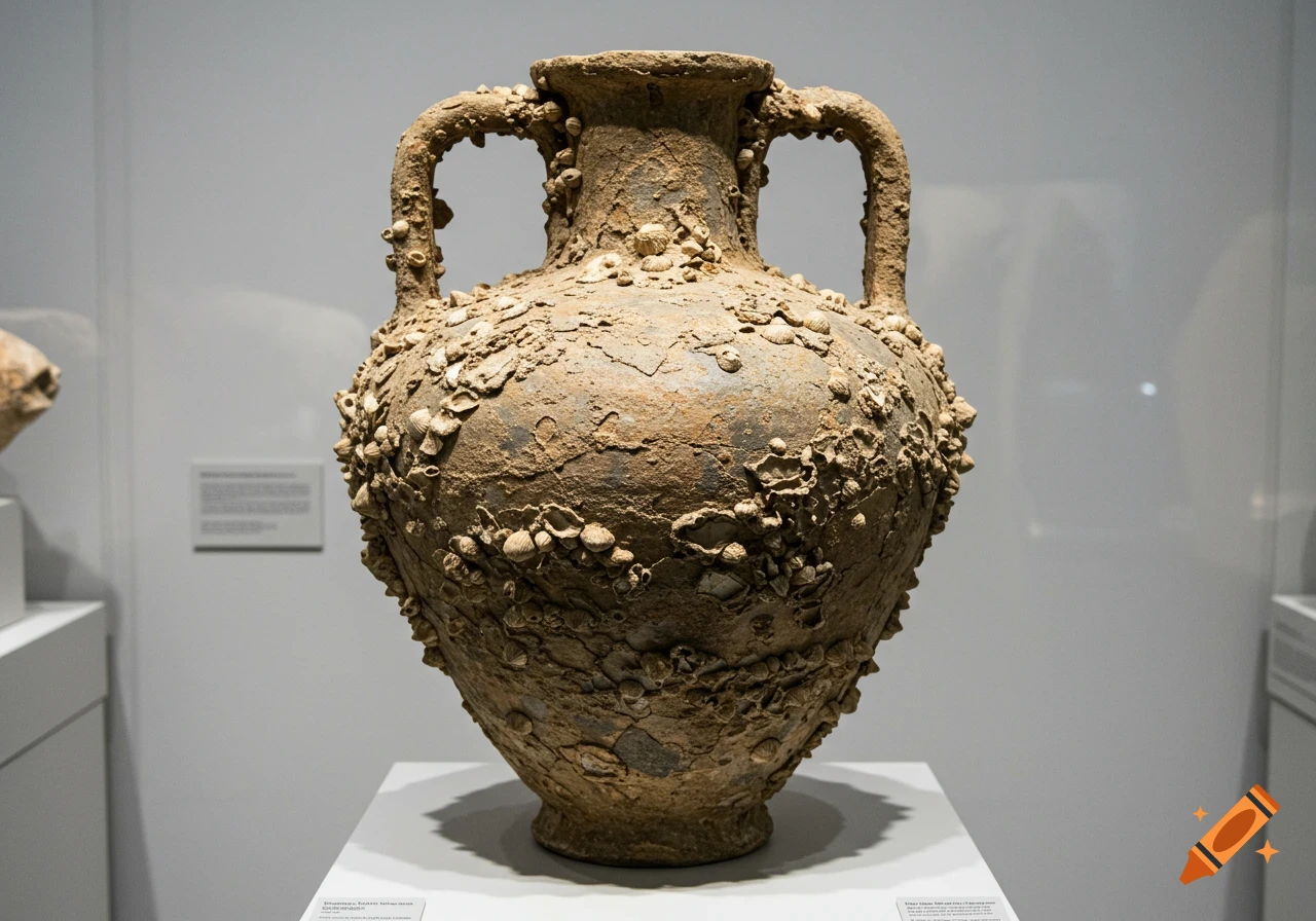 Photorealistic image of an ancient amphora covered in barnacles and seashells, displayed on a white pedestal in a museum.