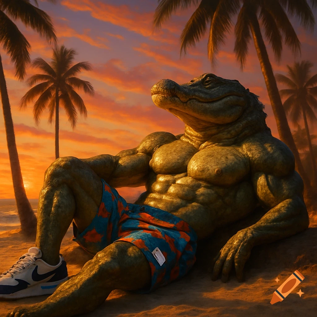 A muscular, anthropomorphic alligator in swim shorts and sneakers reclines on a sandy beach at sunset, surrounded by palm trees.
