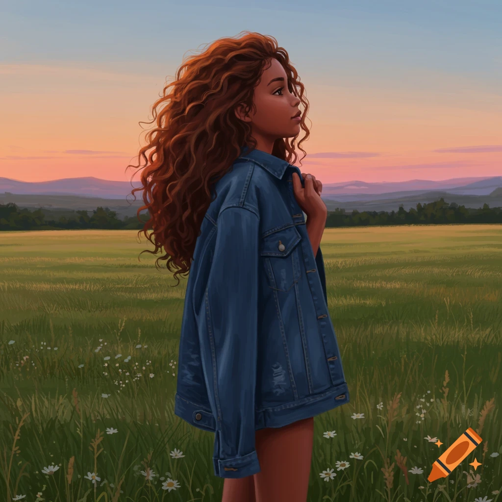 A young woman with long curly auburn hair and a denim jacket stands in a green field at sunset, looking to the side.