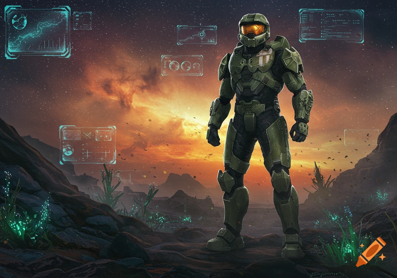 Master Chief stands on a rocky alien planet with glowing plants, looking at a fiery cosmic sky with holographic displays.