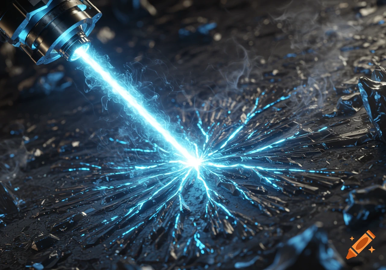 A bright blue laser beam emits from a metallic device, hitting a dark, textured surface, creating blue sparks and intricate energy patterns.