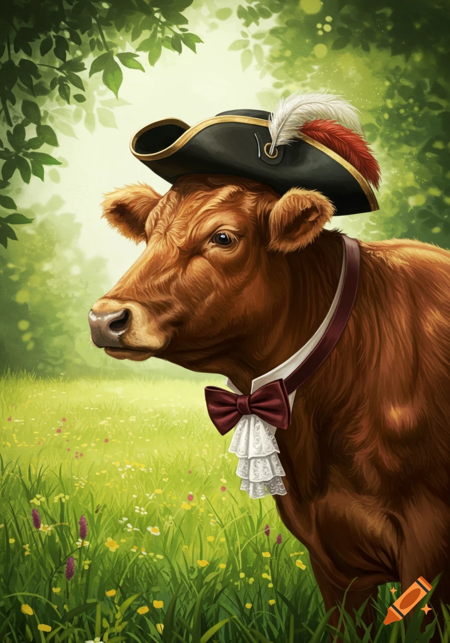 A brown cow wears a tricorn hat and a bow tie, standing in a sunny grassy field with trees and leaves in the background.