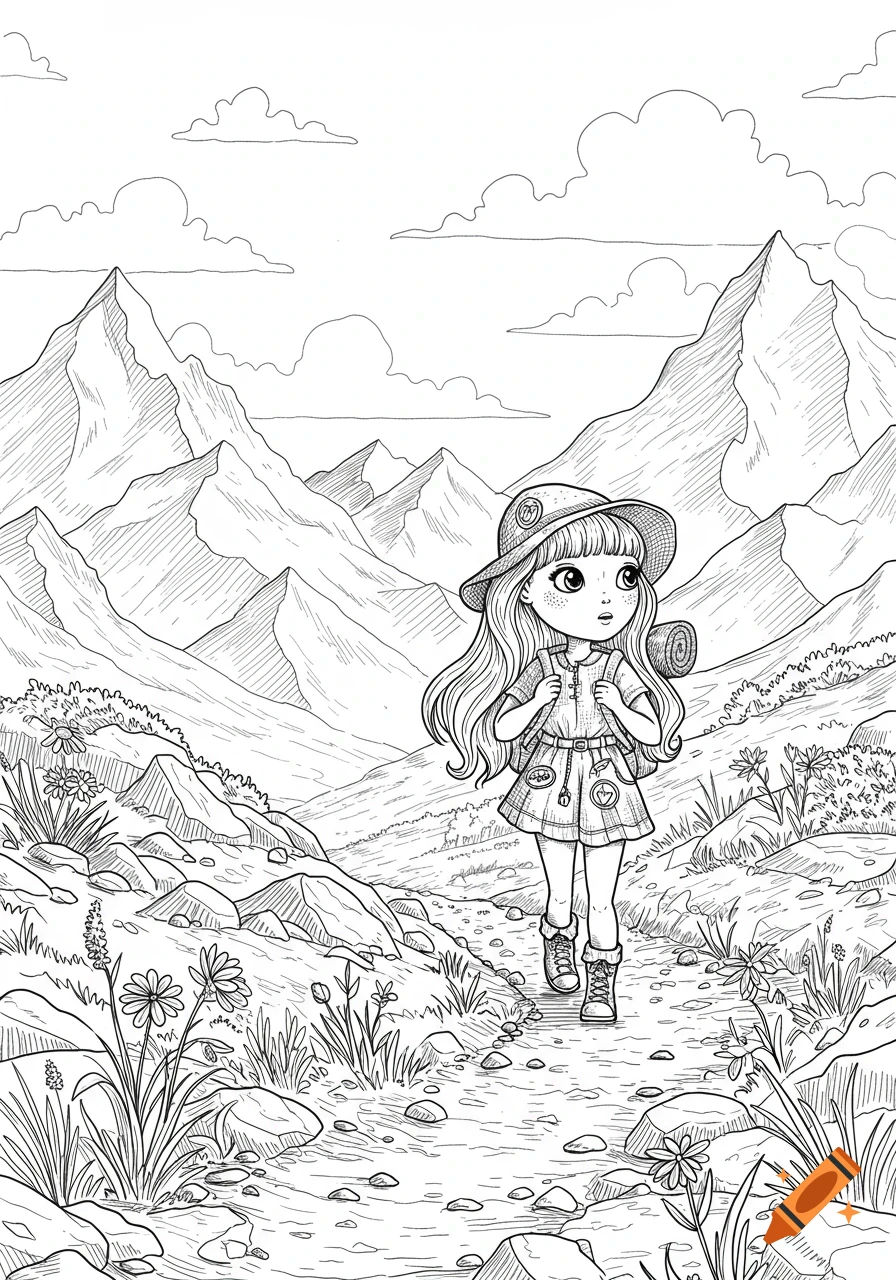 Line art of a cute cartoon girl with a backpack walking on a mountain path amidst rocks and flowers, with clouds in the sky.