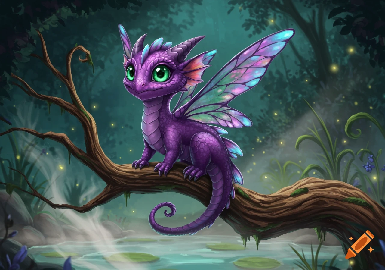 A cute purple pseudodragon with large green eyes and iridescent wings sits on a mossy branch above a misty pond in a dark, lush forest.