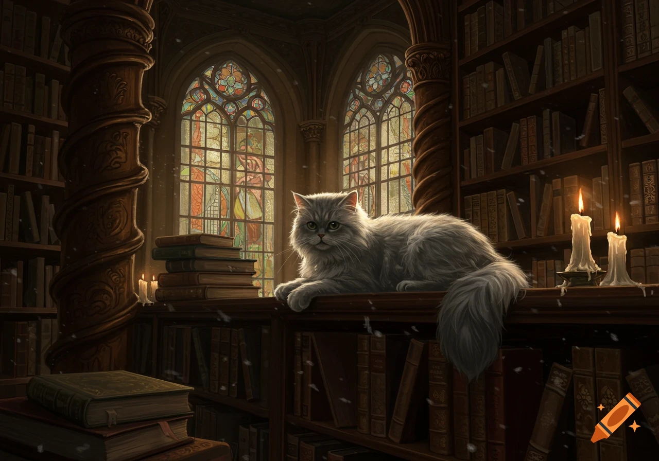 A fluffy gray cat lies on a dark wooden shelf in a grand library with stained glass windows and lit candles.
