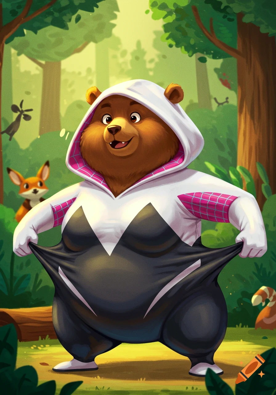A funny cartoon illustration of a brown bear wearing a white and black Spider-Gwen costume that is too tight, standing in a forest.
