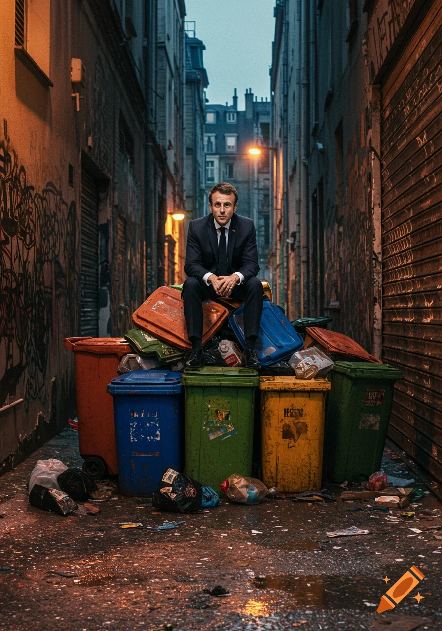 Photorealistic image of Emmanuel Macron in a dark suit sitting on a large pile of overflowing trash cans in a dirty, graffiti-covered urban alley.