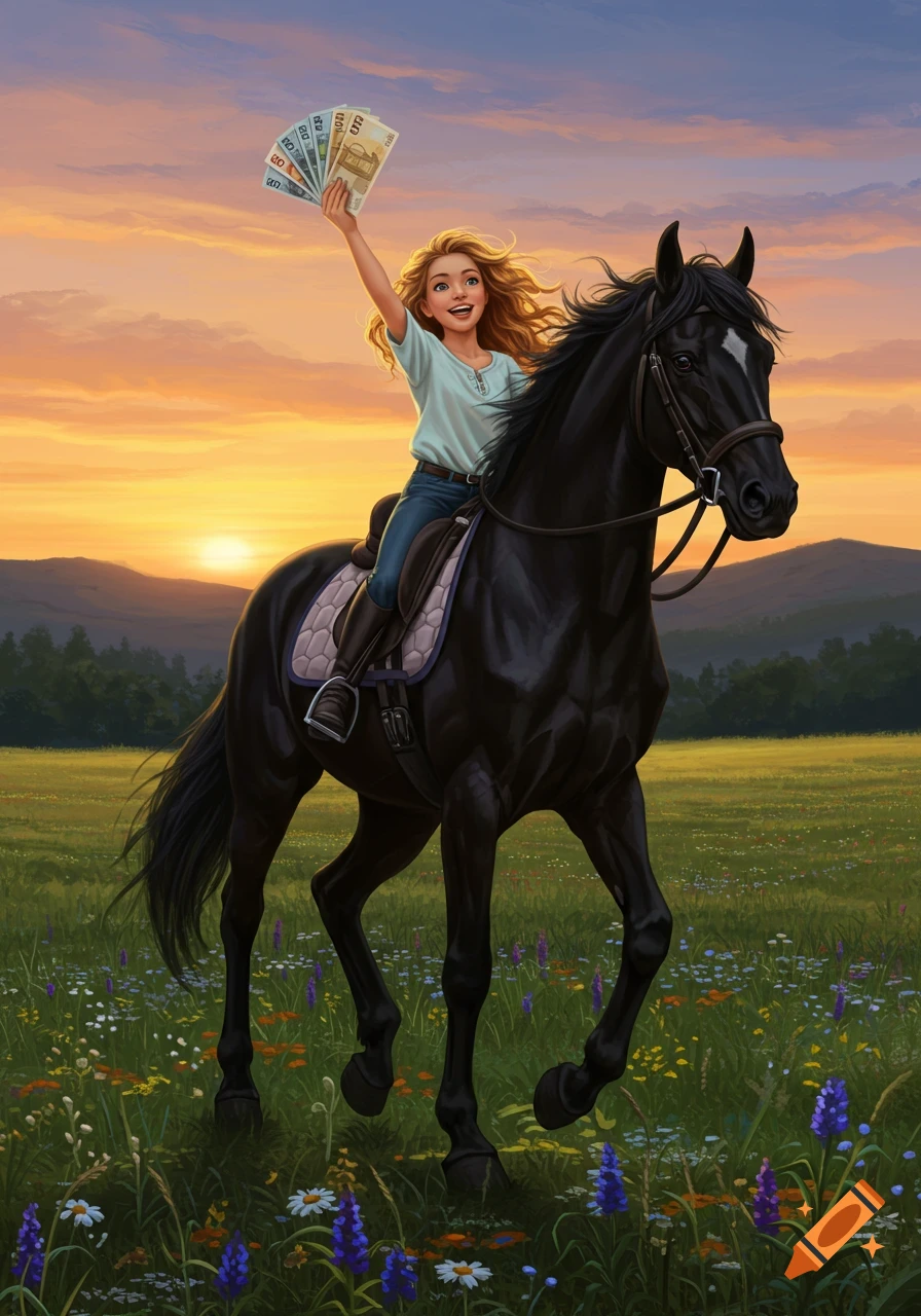 Smiling girl on a black horse rides through a wildflower field at sunset, holding up a fan of money, in an illustrative style.