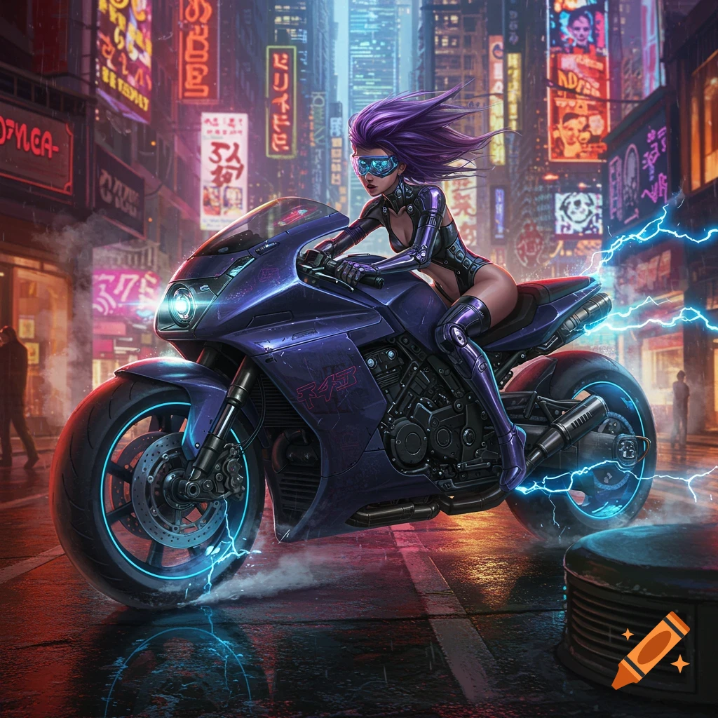 A cyberpunk girl with purple hair and goggles rides a sleek blue motorcycle with electric arcs in a neon-lit city street.