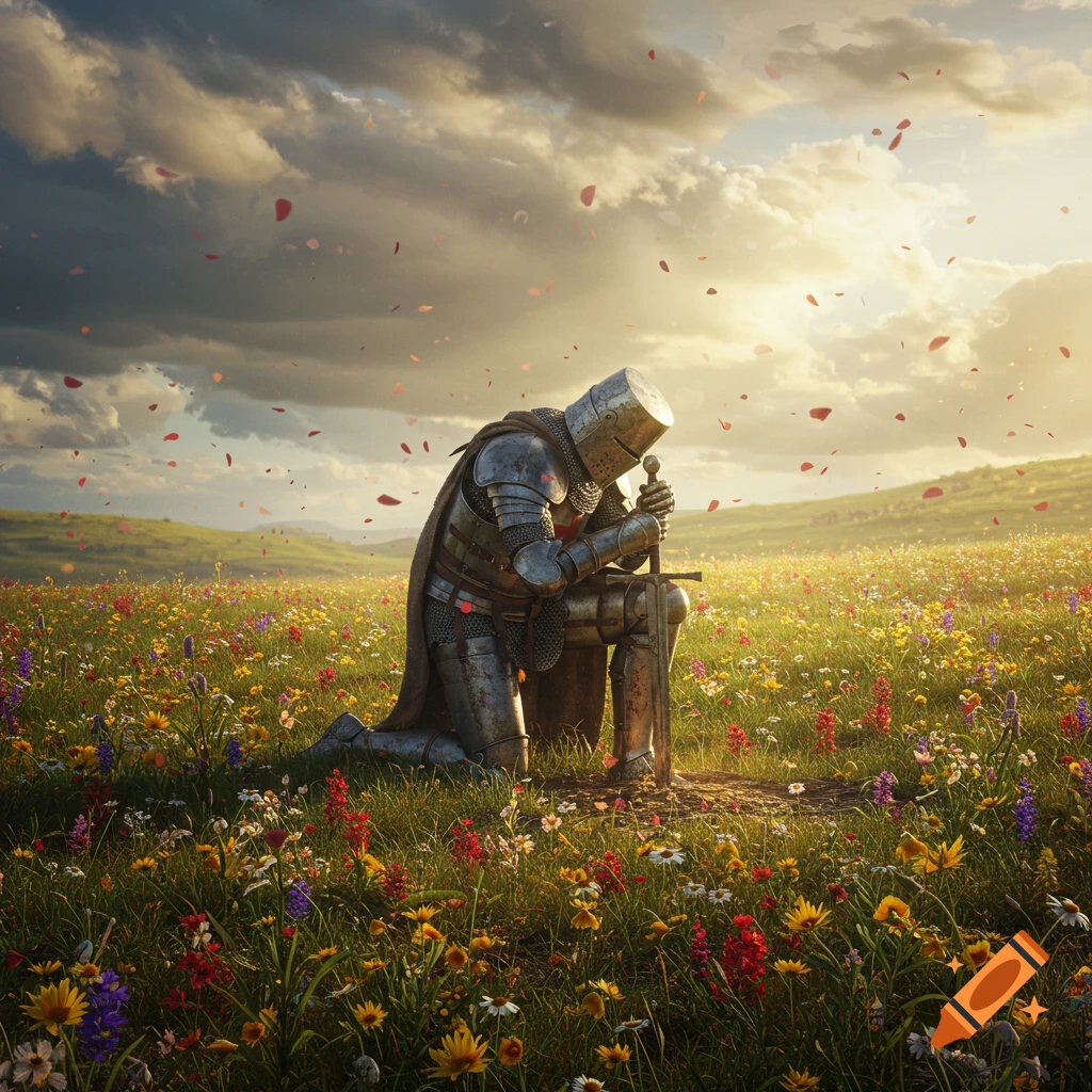 A lone knight in full armor kneels reverently before a sword stuck in a vibrant flower field under a dramatic sky with falling petals.