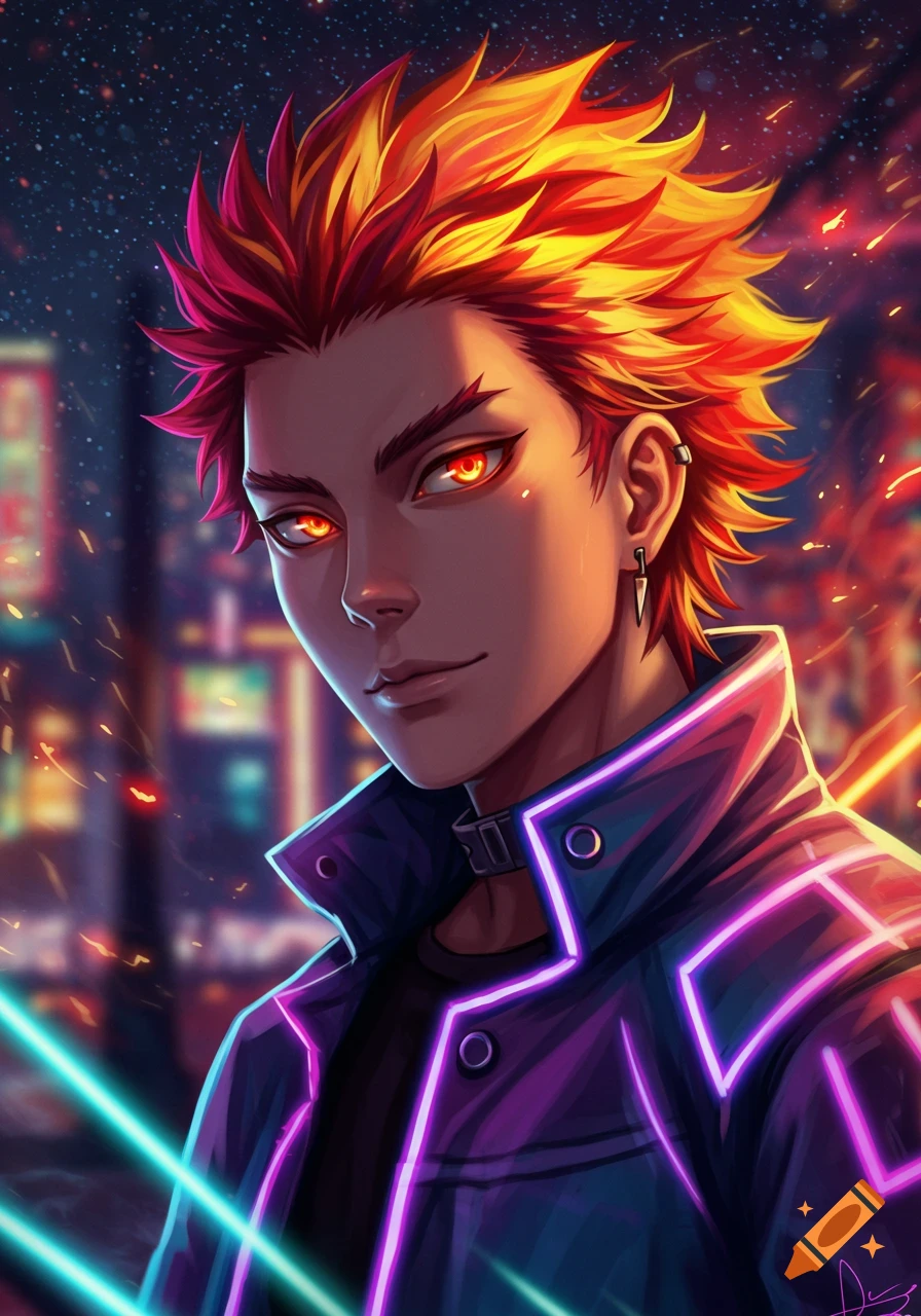 Anime portrait of a young adult male with spiky orange and red flame-like hair, glowing orange eyes, and a neon purple jacket, against a cyberpunk city night background.