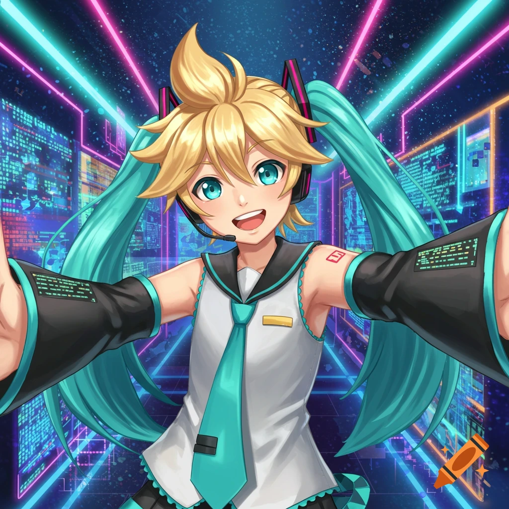 Anime character Kagamine Len in a Hatsune Miku outfit takes a selfie in a futuristic, neon-lit digital space.