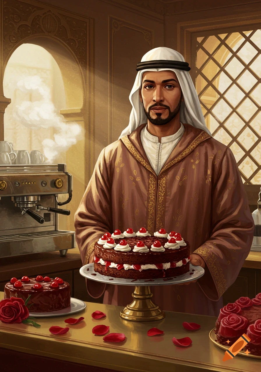 An illustrated man in a traditional keffiyeh and robe holds a two-tier Black Forest cherry cake in a warmly lit cafe.