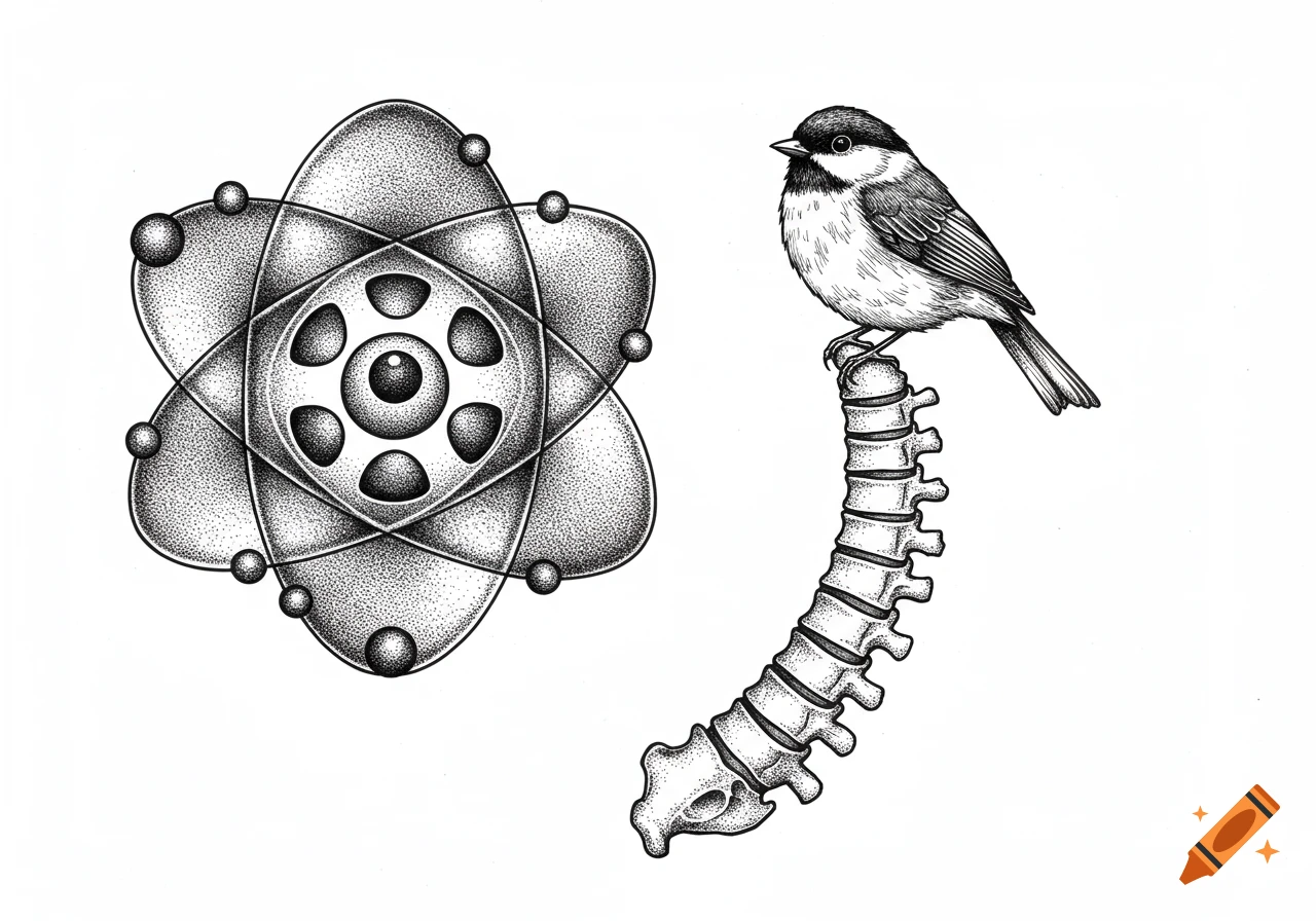 Black and white stippling illustration of an atomic symbol, a songbird perched on a human spinal column.