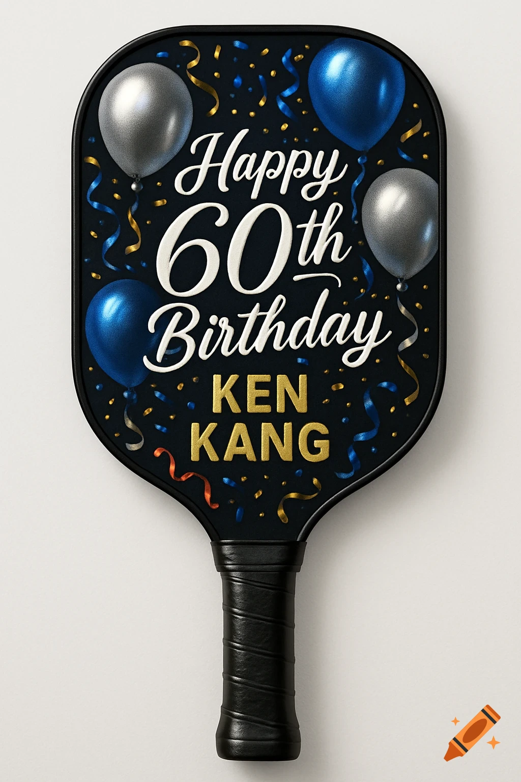 A black pickleball paddle with "Happy 60th Birthday Ken Kang" in white and gold text, decorated with blue/silver balloons and confetti.